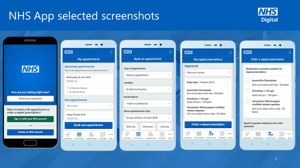 Image shows five phone images showing what the NHS app can be used for