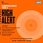 Coronavirus tier 2 - High Alert - You Must: Not mix with other households indoors, only meet people outdoors in groups of up to six, work from home if possible, reduce the number of journeys you make. For further details go to gov.uk/coronavirus Stay Alert > Control the virus > Save lives